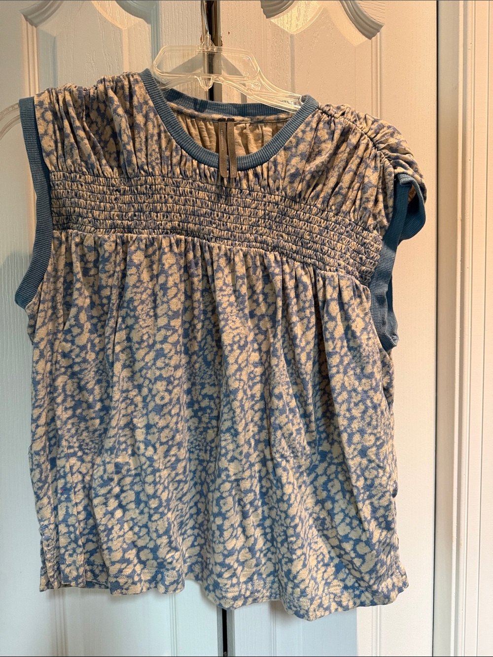 Anthropologie Blue and Cream Smocked Cap-Sleeve Floral Top